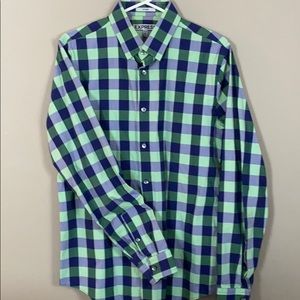Fitted blue and green checked long sleeve shirt